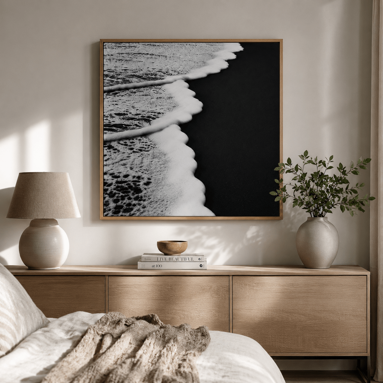 Black and White Beach Art Canvas Print — Obsidian Shore by Rossetti Art
