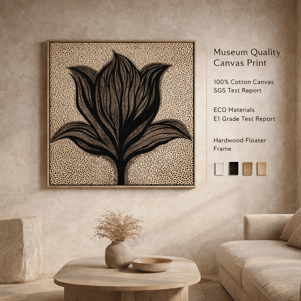 Black and White Botanical Canvas Print - Pointillism Floral Design