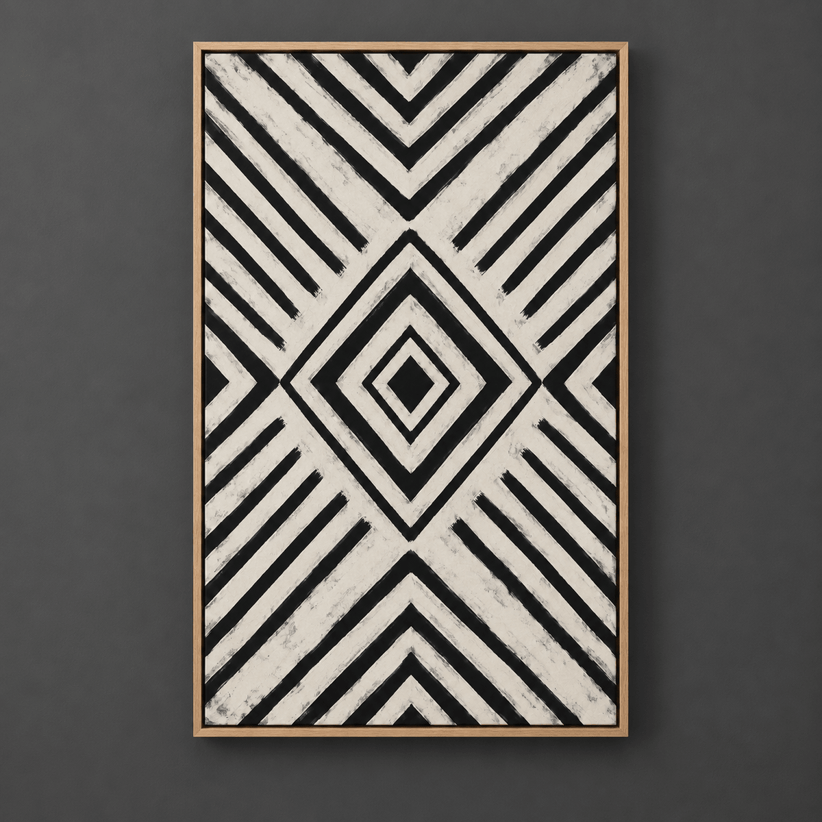 Front view of the complete black and white geometric canvas art in an oak floater frame