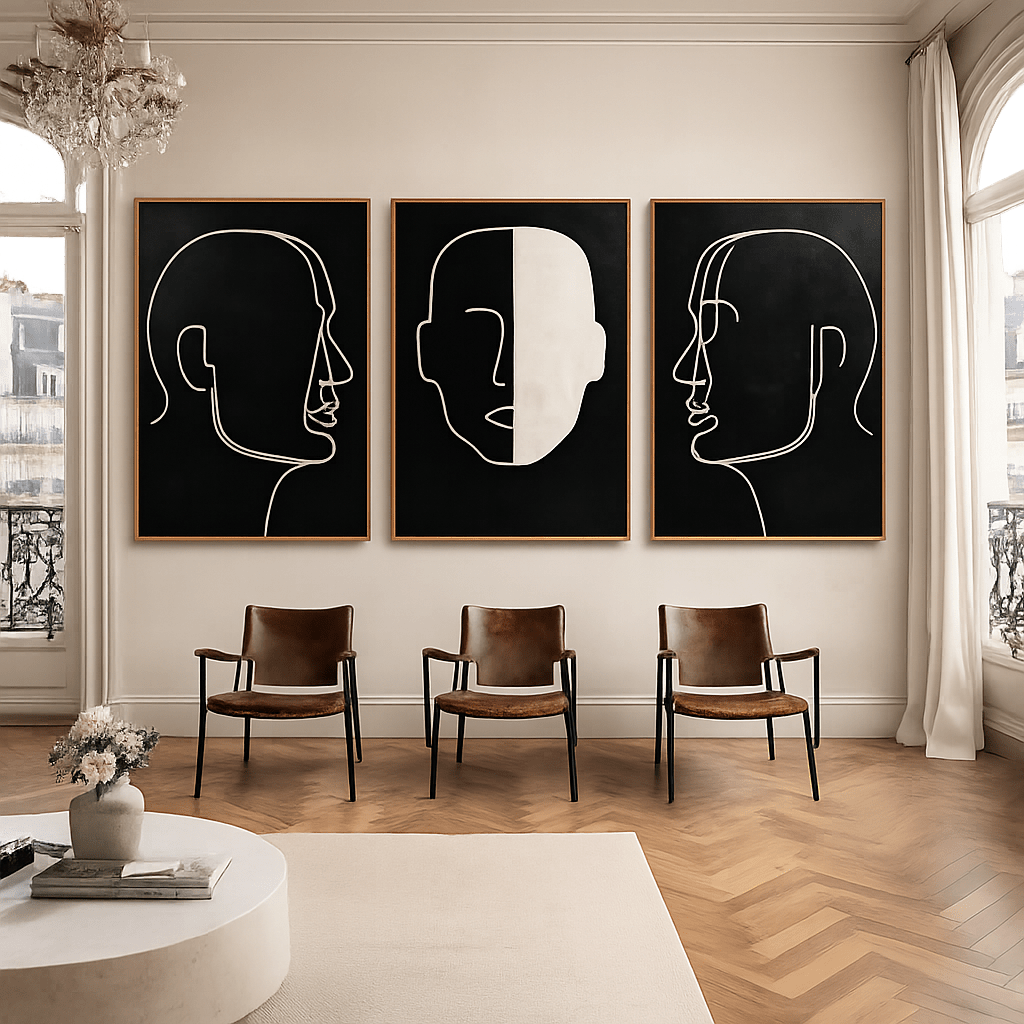 Black and White Line Art Canvas Set of 3 | Silent Dialogue by Rossetti Art