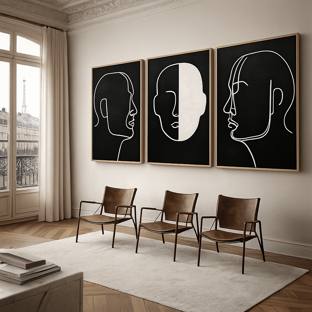 Black and White Line Art Canvas Set of 3 | Silent Dialogue by Rossetti Art