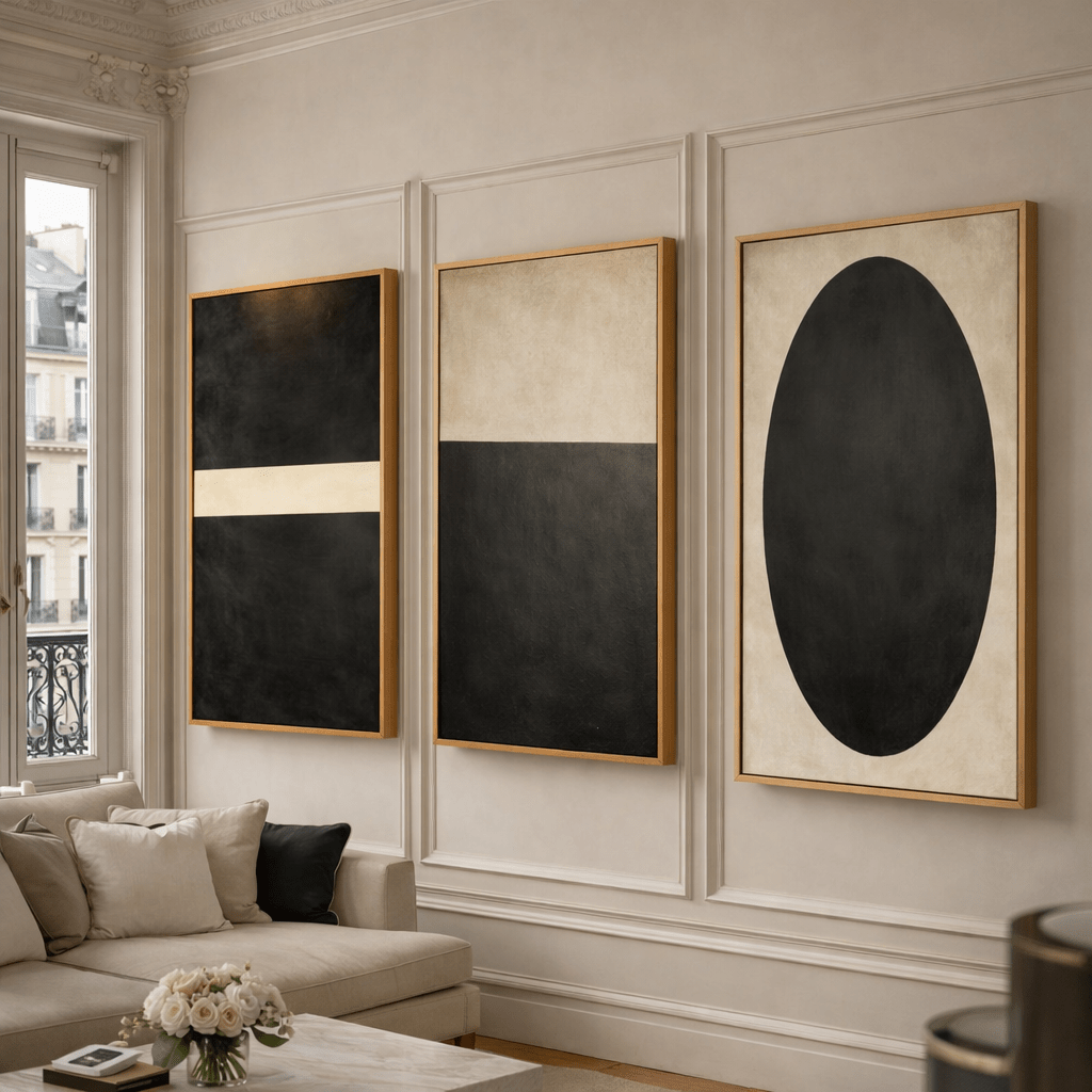 Black and White Minimalist Original Painting Set of 3 – Ivory Eclipse Framed