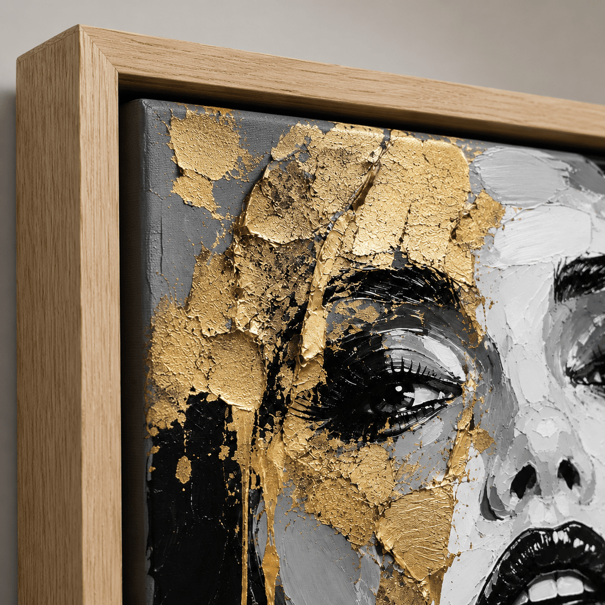 Black and white portrait painting with dripping gold accents above a modern living room sofa – Gilded Descent by Rossetti Art