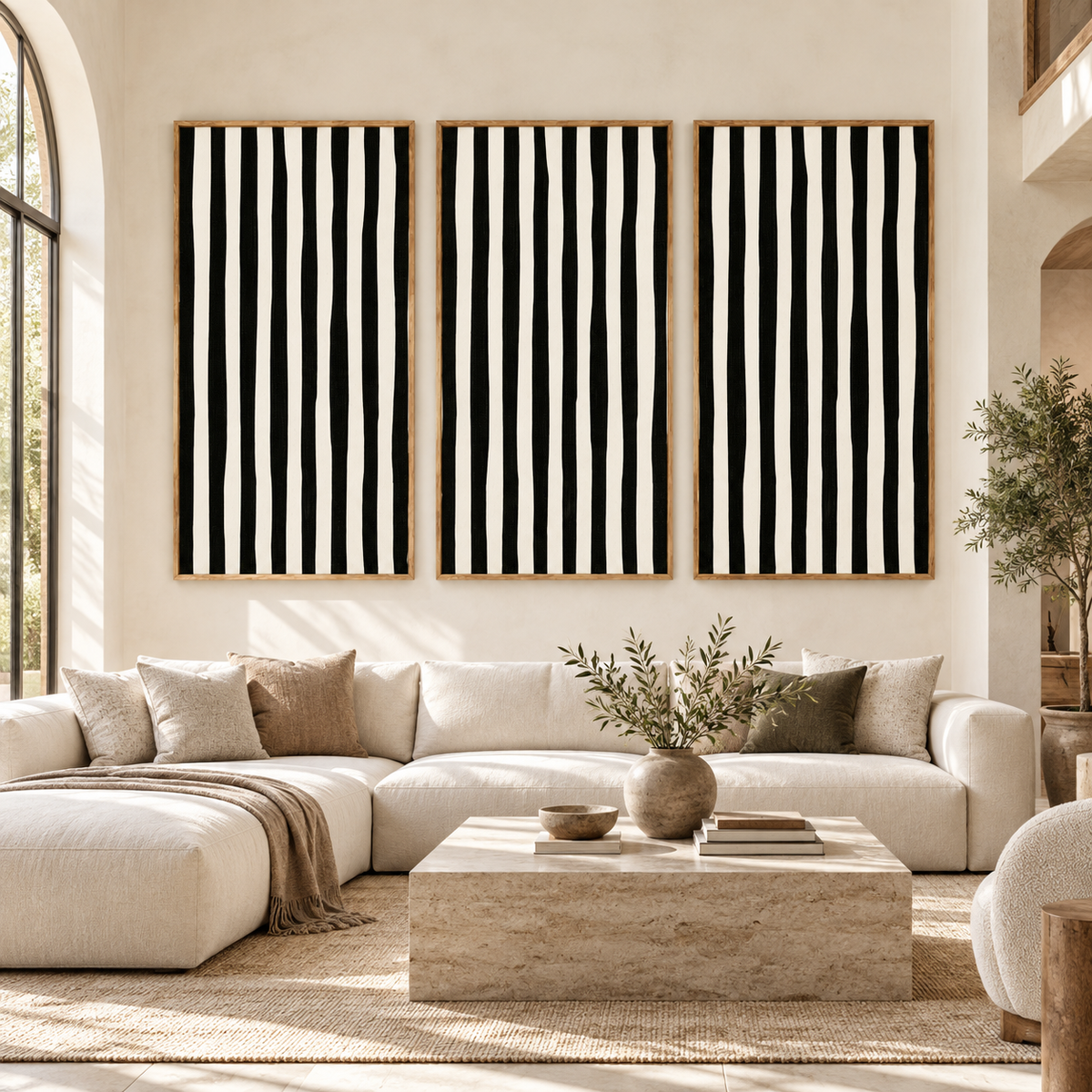 Black and White Striped Wall Art Set of 3 – Monochrome Cadence above a cream sofa in a living room by Rossetti Art