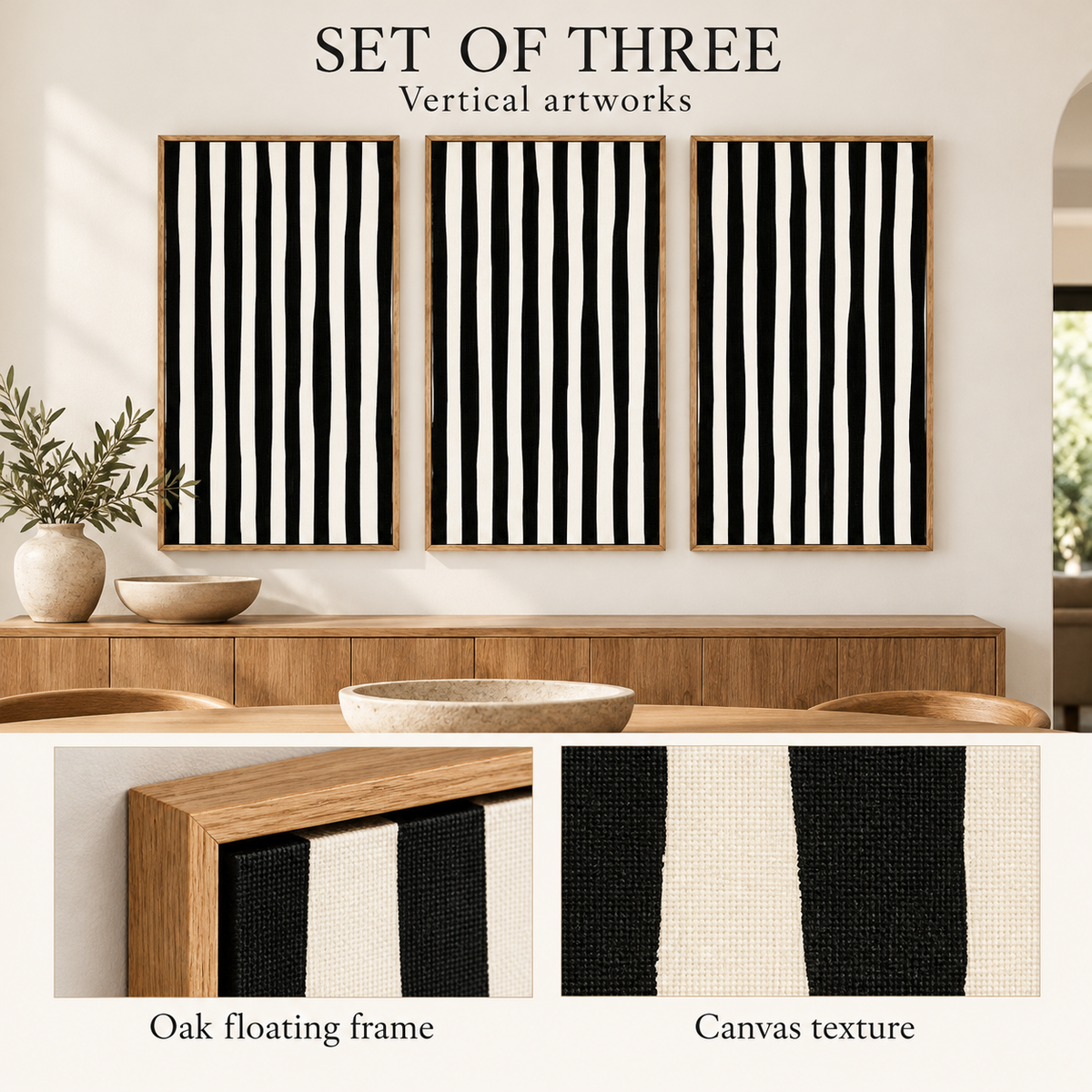 Black and White Striped Wall Art Set of 3 – Monochrome Cadence above a wooden sideboard, with frame and canvas texture details, by Rossetti Art