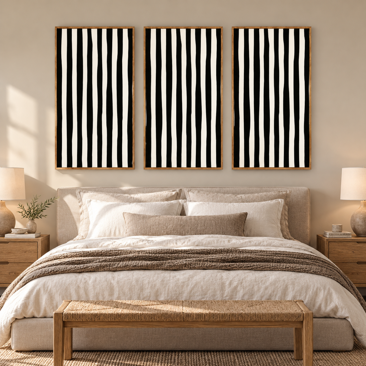 Black and White Striped Wall Art Set of 3 – Monochrome Cadence above a bed in a bedroom by Rossetti Art