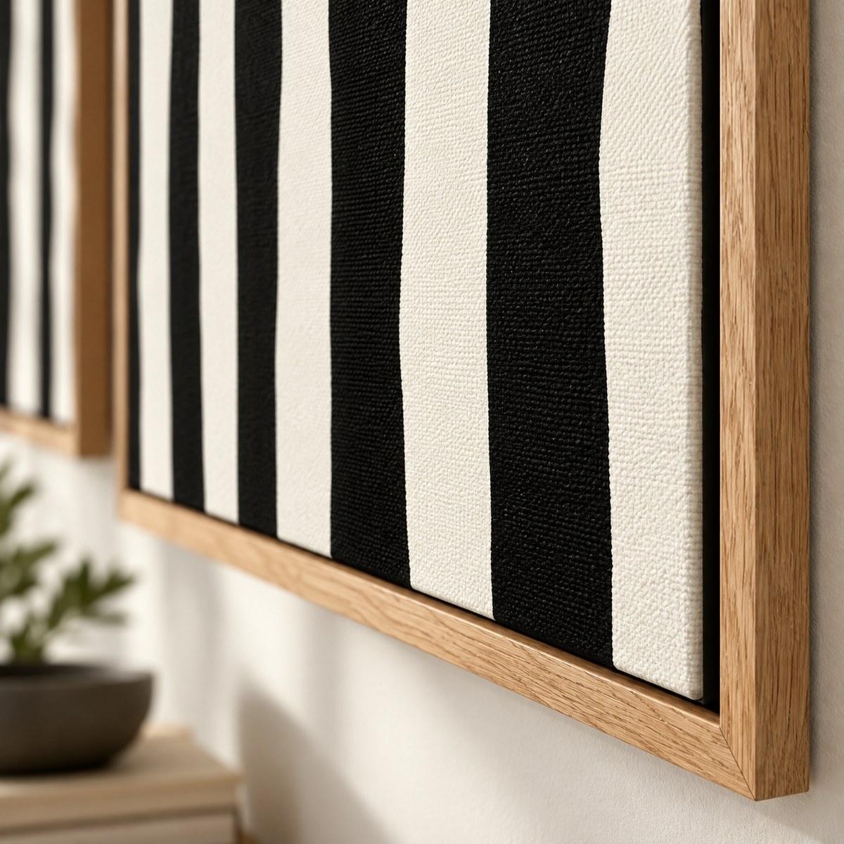 Black and White Striped Wall Art – Monochrome Cadence corner close-up of hand-painted stripes and floater frame by Rossetti Art