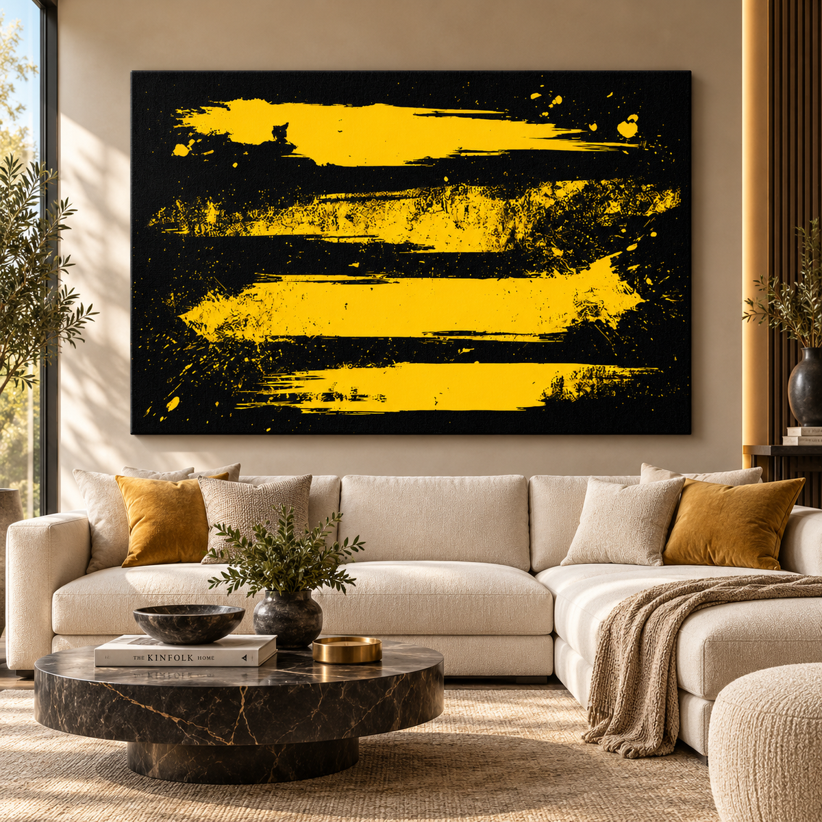 Black and yellow painting canvas print above a cream sofa in a warm living room – Hazard Lines by Rossetti Art