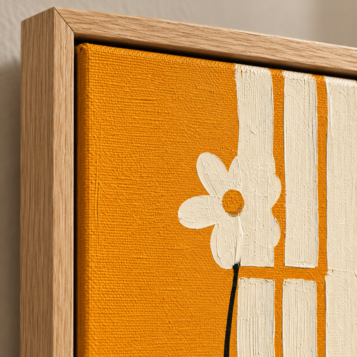 Black Art Wall Art – Sunlit Offering by Rossetti Art, close-up of the daisy, canvas texture and corner detail