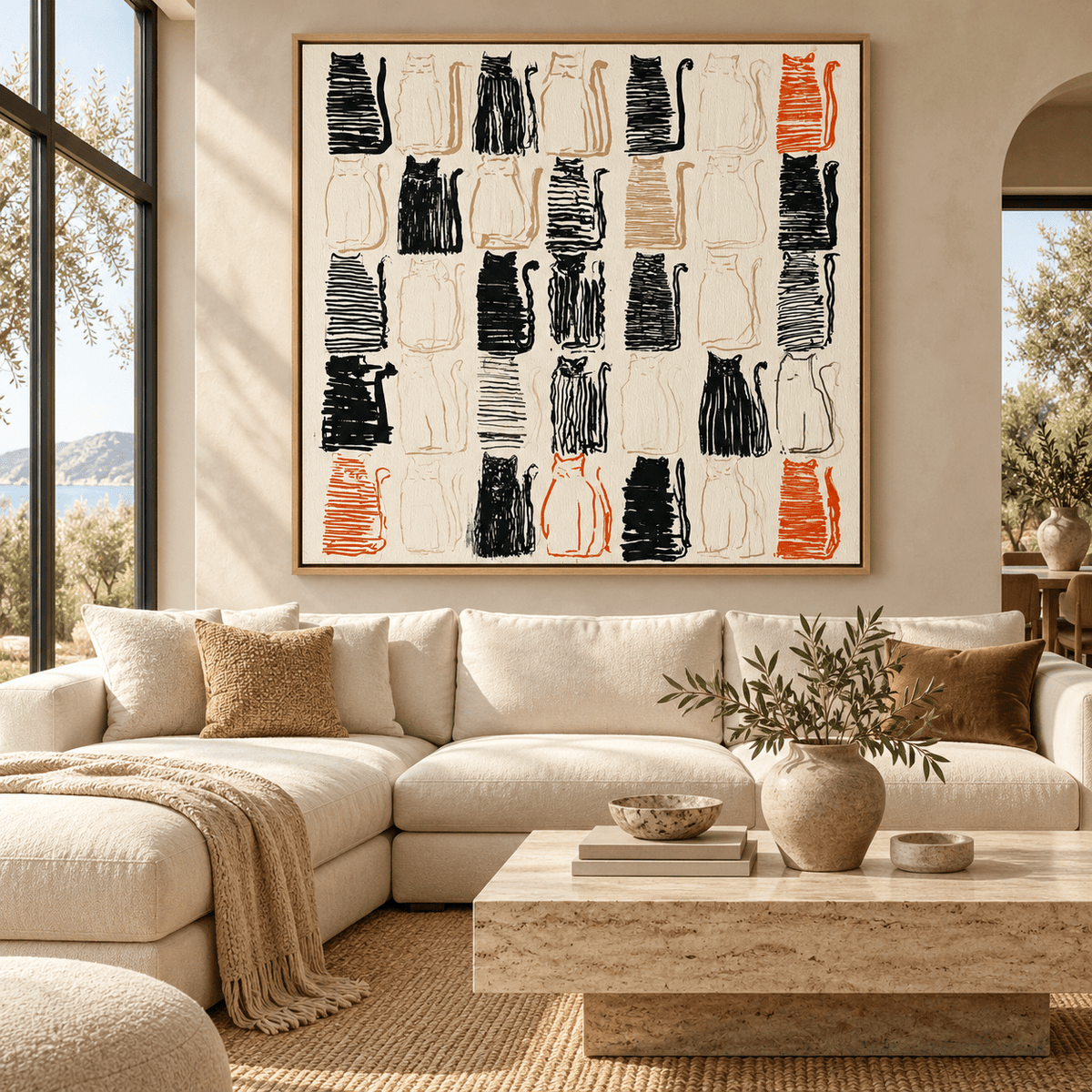 Black cat painting in a bold grid pattern – Feline Rows by Rossetti Art