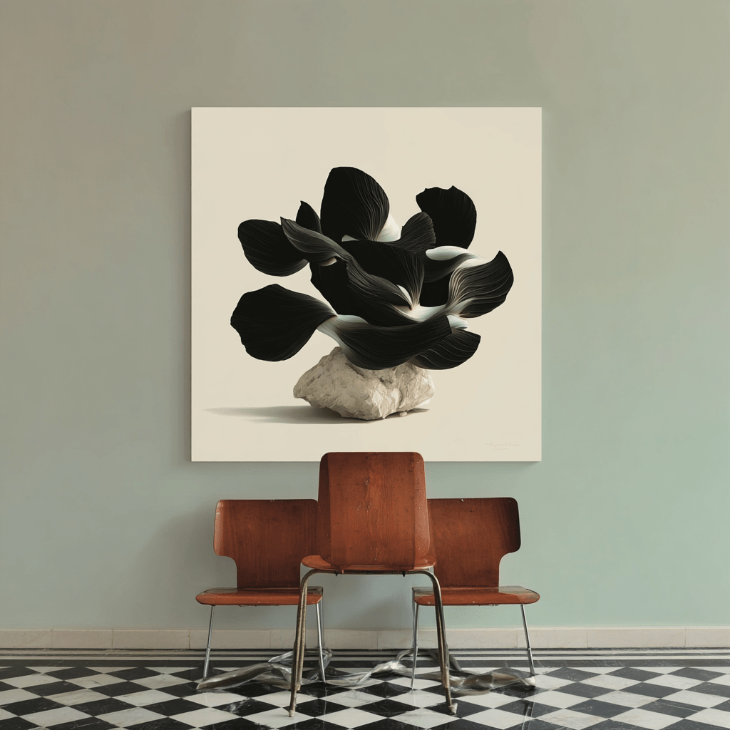 Black flower wall art in a modern room with checkerboard flooring – Obsidian Bloom by Rossetti Art