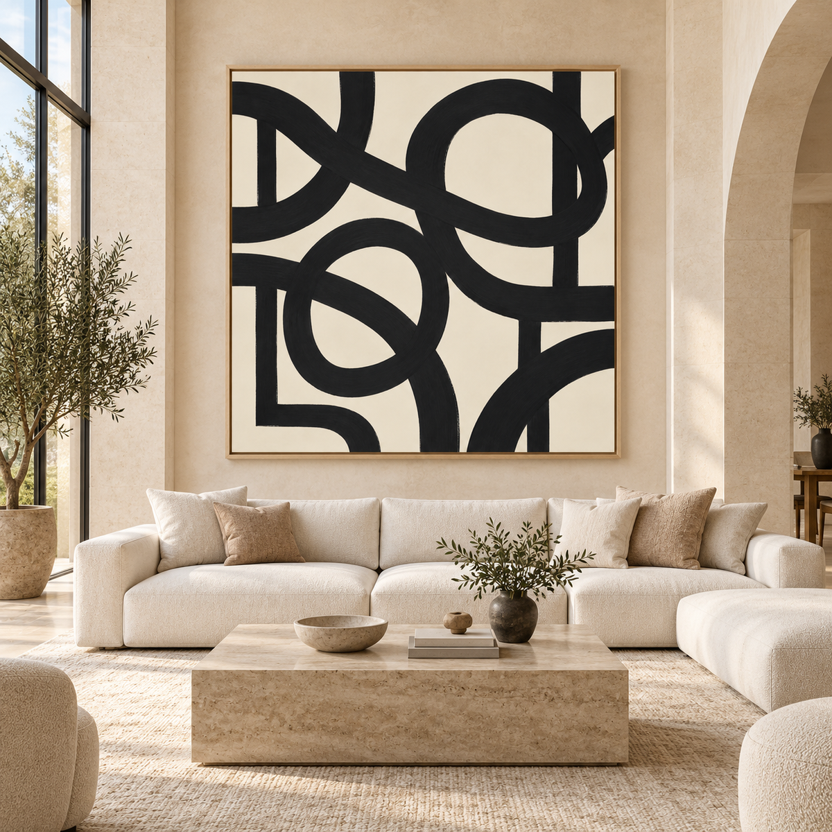 Oversized black line abstract painting in a large neutral living room