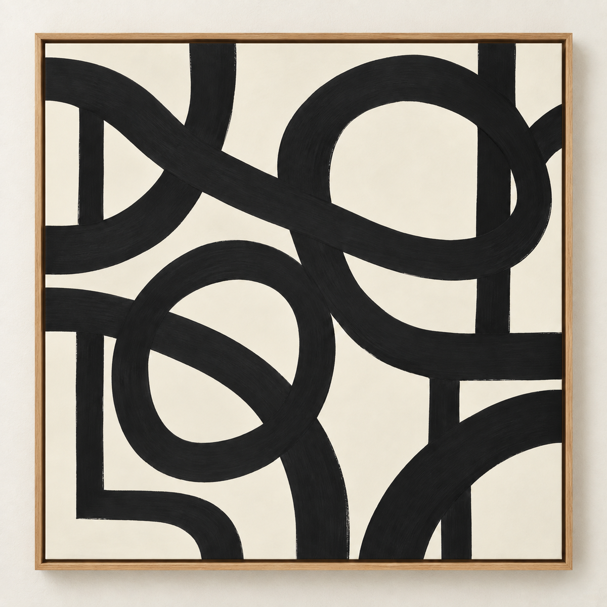 Front view of Entwined black line abstract painting in an oak floater frame