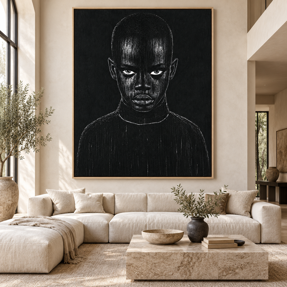 Black Portrait Painting Canvas Print – Midnight Gaze in a grand living room by Rossetti Art