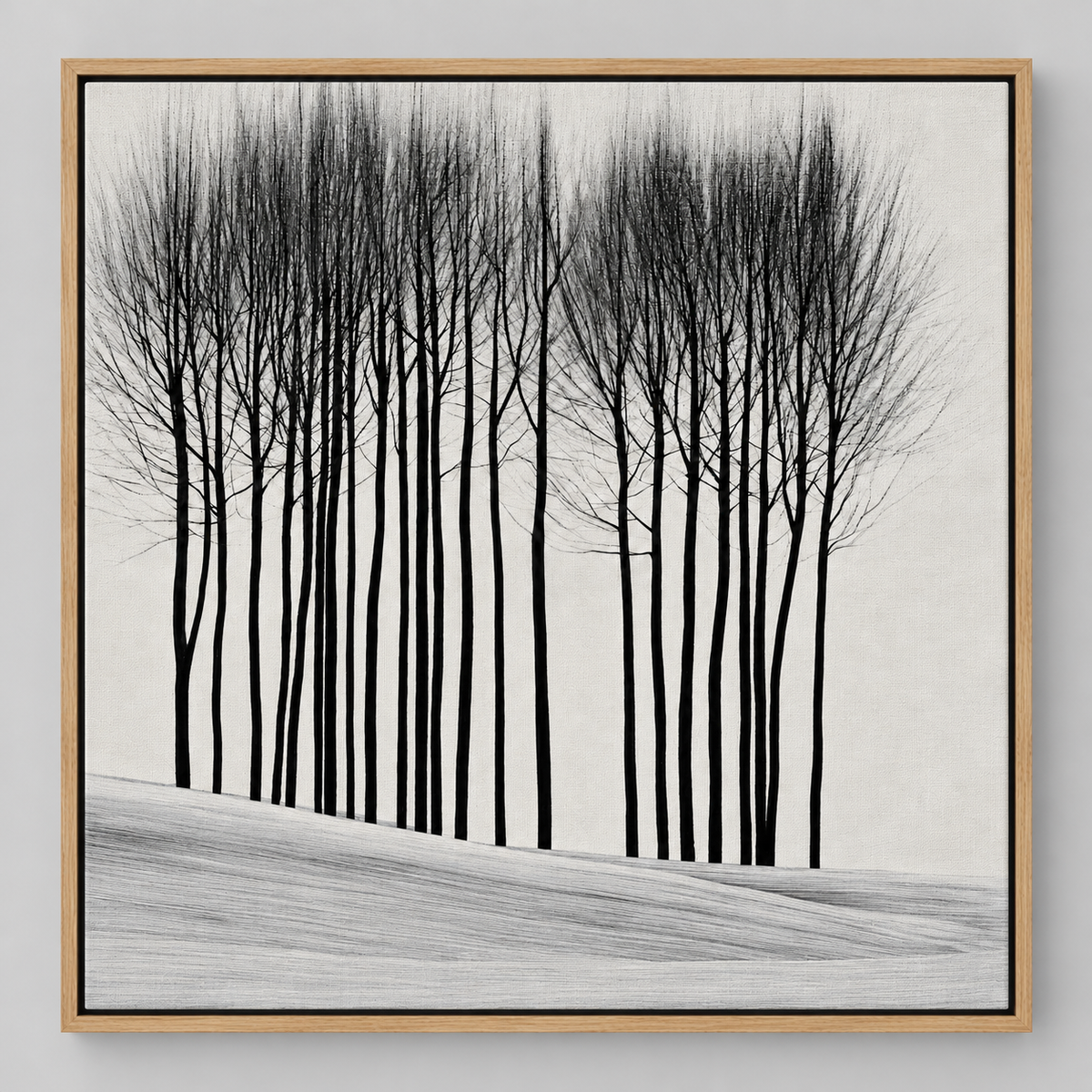 Black Tree Painting Canvas Print – Winter Grove framed on a wall by Rossetti Art