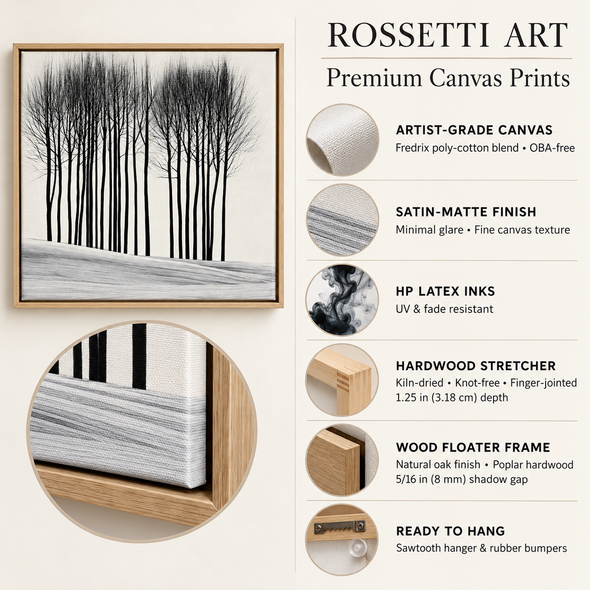 Black Tree Painting Canvas Print – Winter Grove premium framed canvas specifications by Rossetti Art