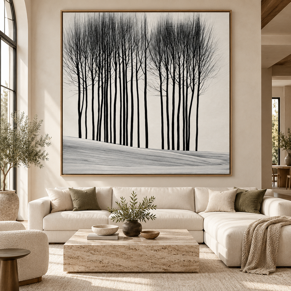 Black Tree Painting Canvas Print – Winter Grove monochrome winter forest statement canvas by Rossetti Art