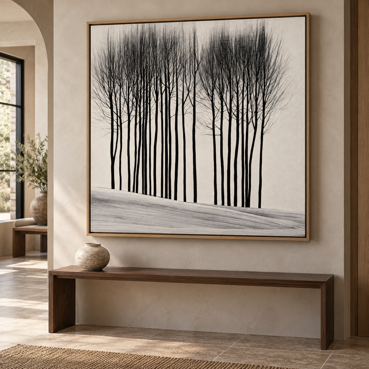 Black Tree Painting Canvas Print – Winter Grove in a wabi-sabi entryway by Rossetti Art