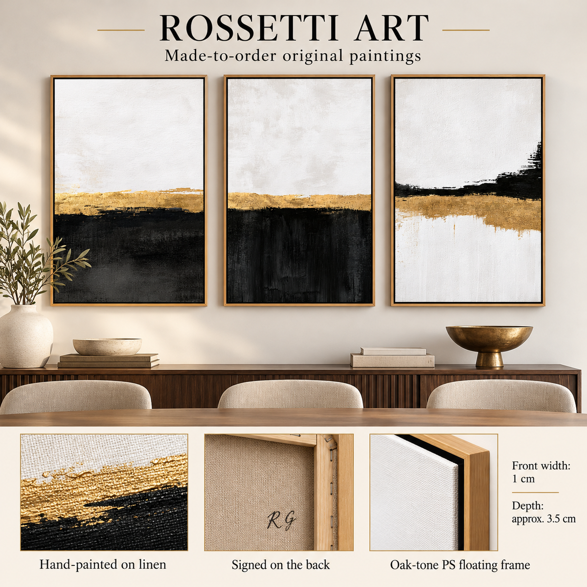 Black White and Gold Wall Art Set of 3 – Gilded Shoreline original paintings, hand-painted on linen with signed back and floating frame details by Rossetti Art