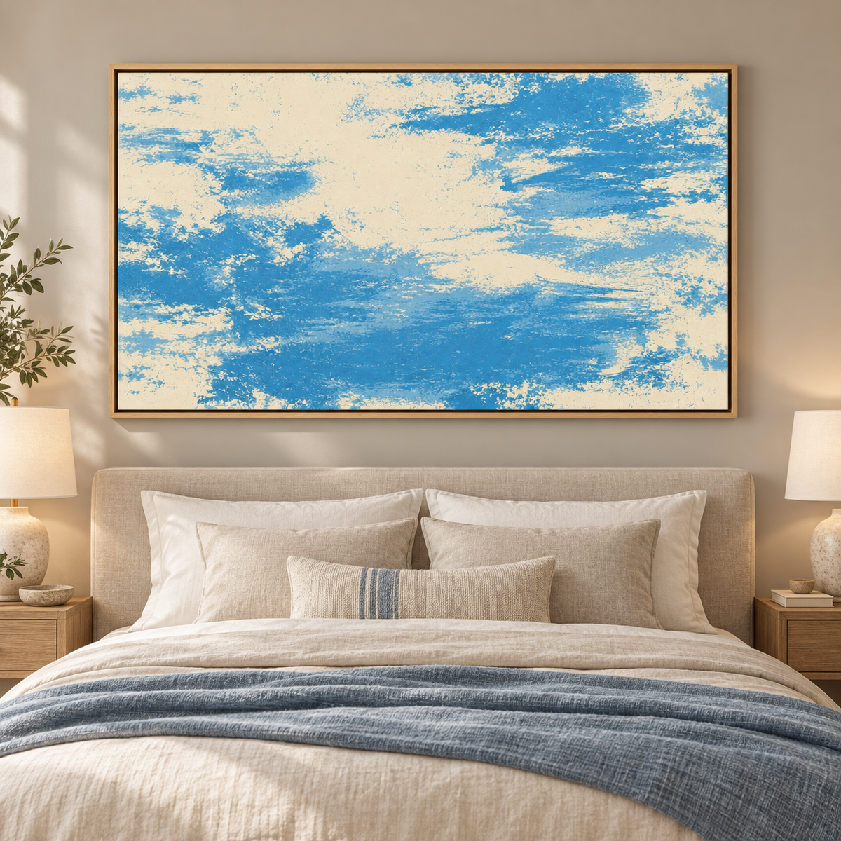 Blue and Beige Wall Art – Salt Wash by Rossetti Art – horizontal blue and cream abstract canvas above a bed in a bedroom