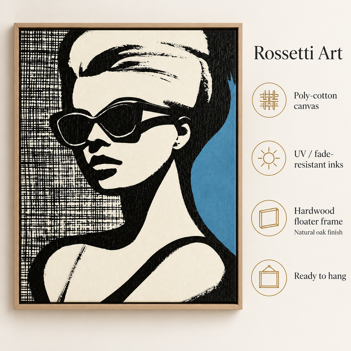 Blue and Black Wall Art – Cat-Eye Noir by Rossetti Art – poly-cotton canvas, UV and fade-resistant inks, hardwood floater frame, ready to hang