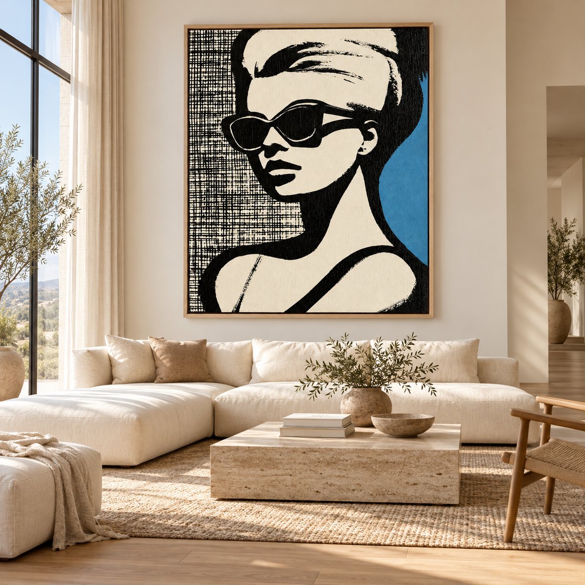 Blue and Black Wall Art – Cat-Eye Noir by Rossetti Art – large black, cream and blue portrait canvas above a cream sofa in a bright living room