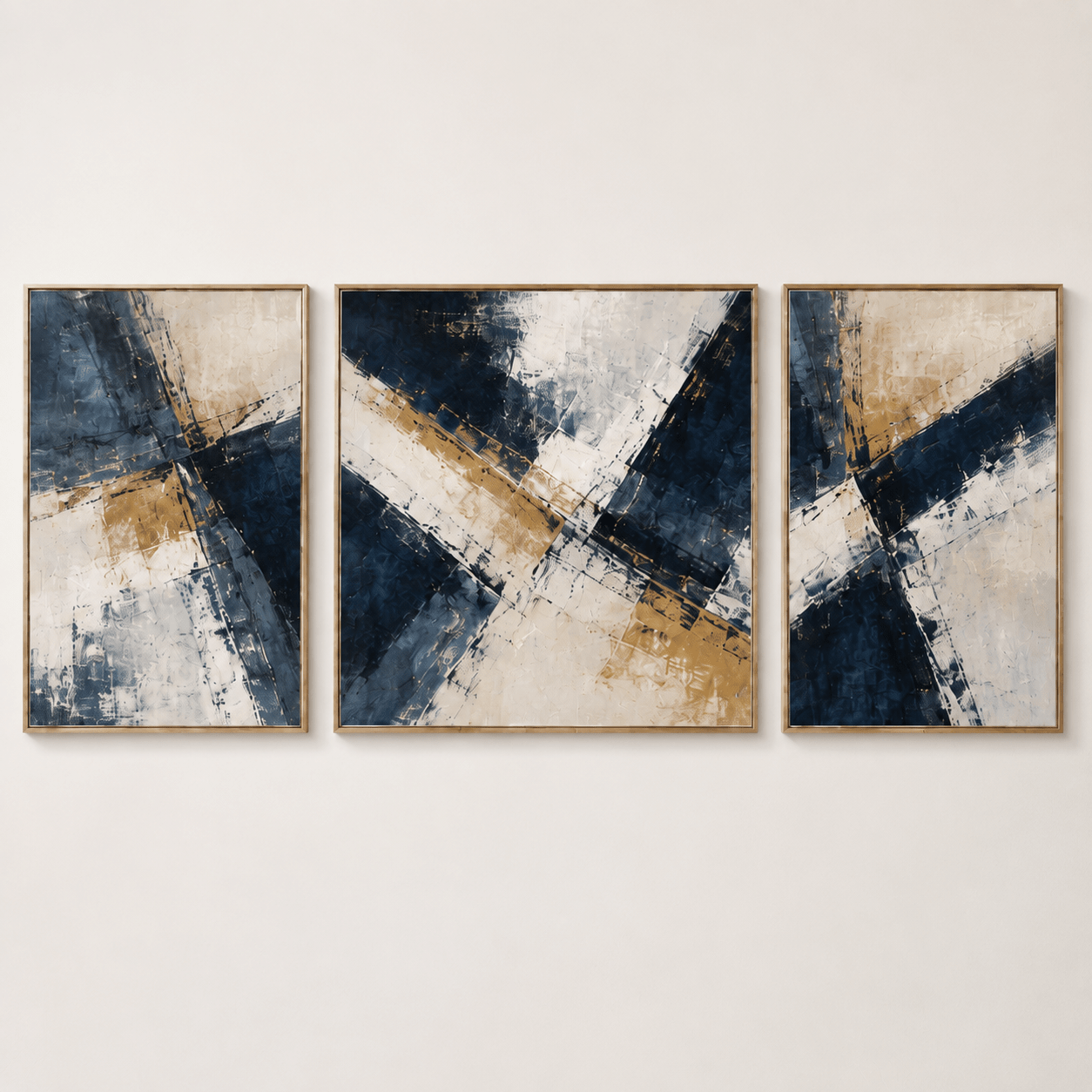 Blue and gold abstract painting — Golden Meridian 3-piece canvas set by Rossetti Art