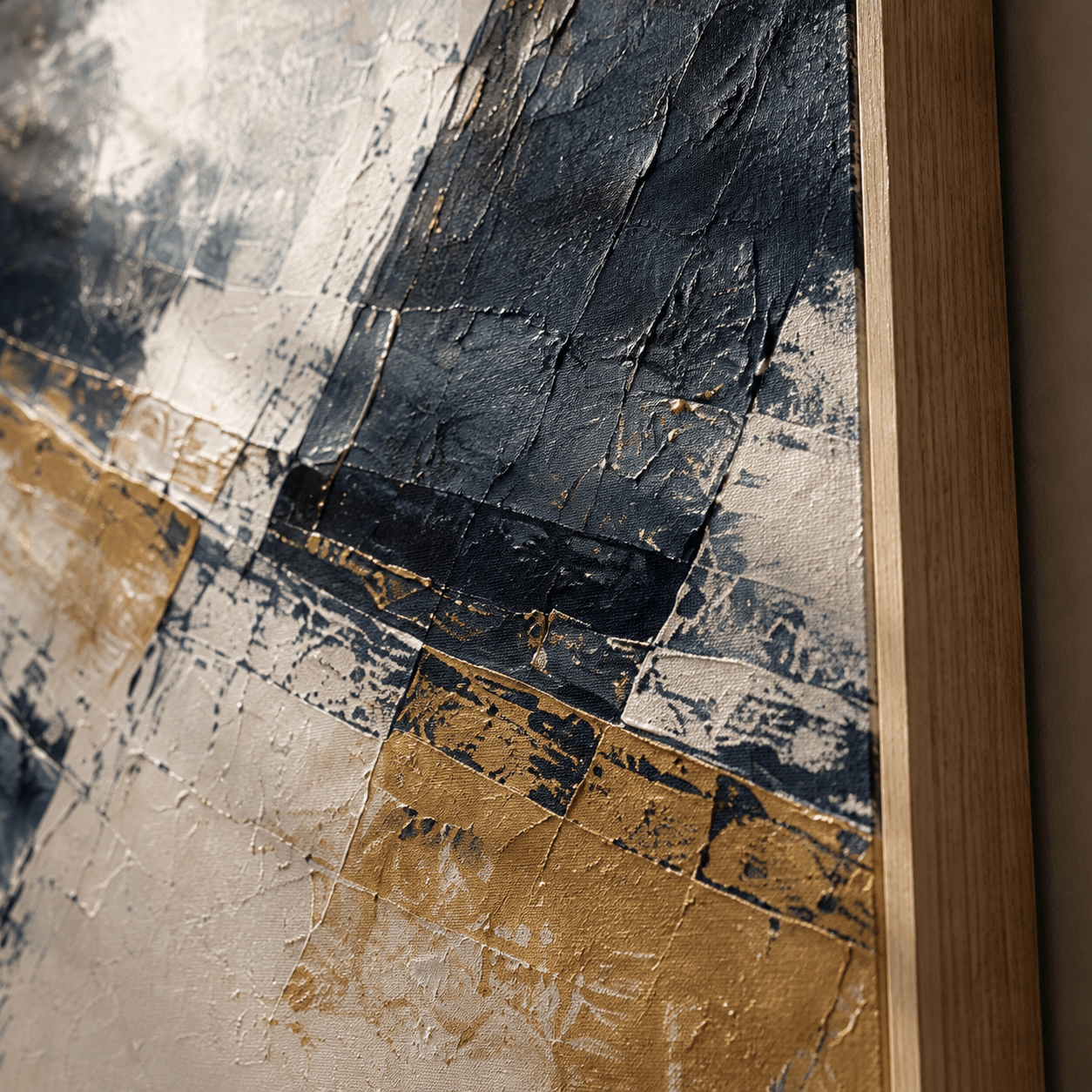 Close-up detail of palette-knife texture and crackle finish on Golden Meridian canvas, oak floater frame