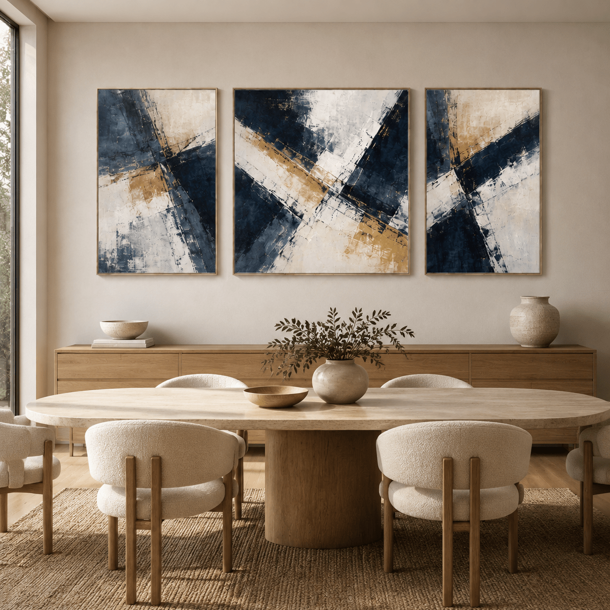 Blue and gold abstract painting set styled above a dining room console