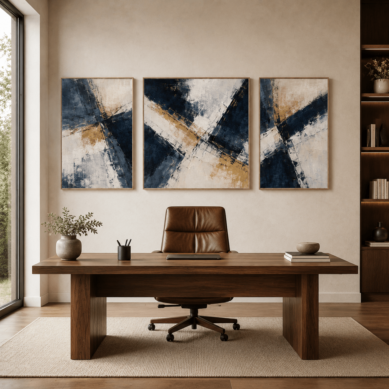 Navy and gold abstract canvas art set hanging in a home office