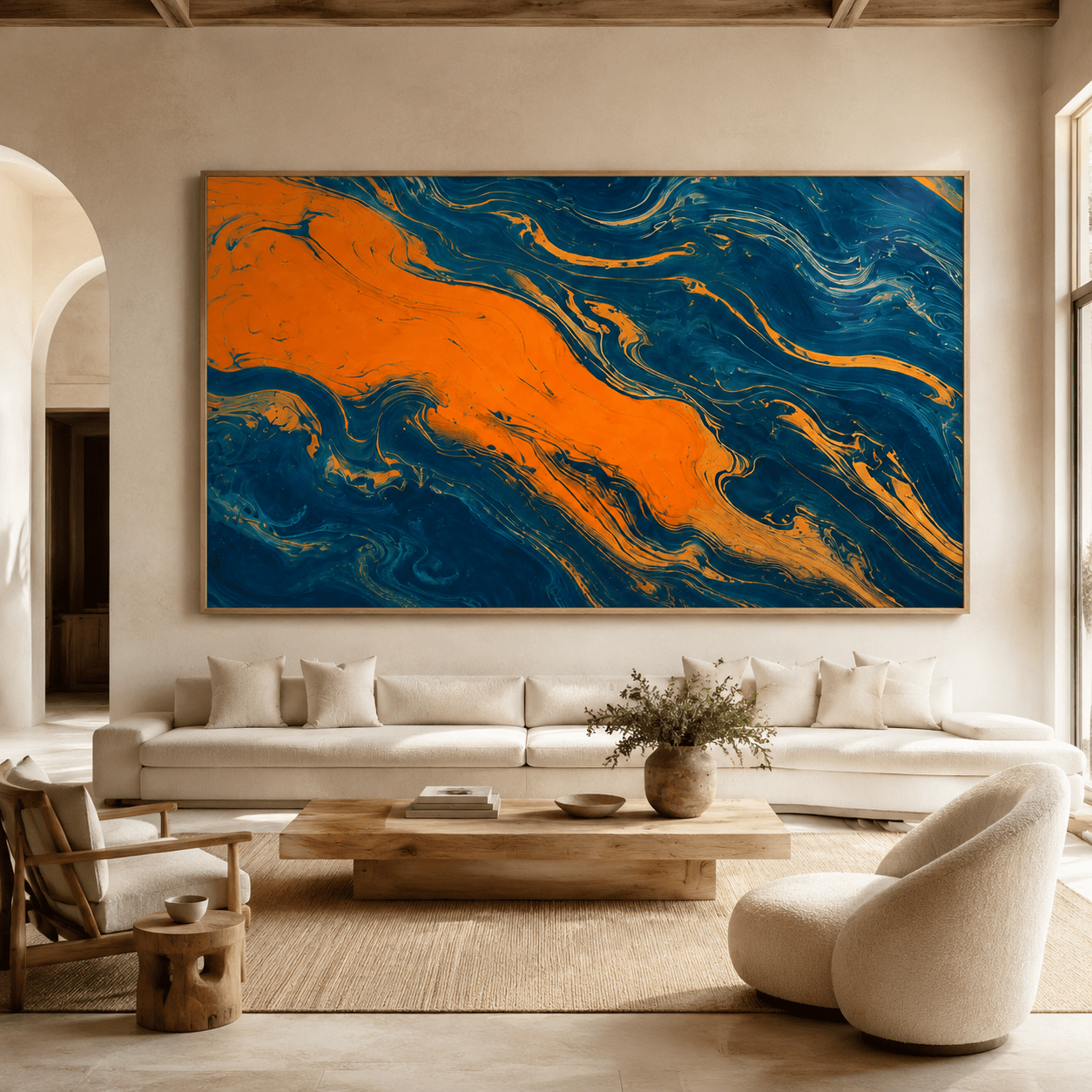 Blue and orange wall art in an oak floater frame above a living room sofa – Azure Ember by Rossetti Art
