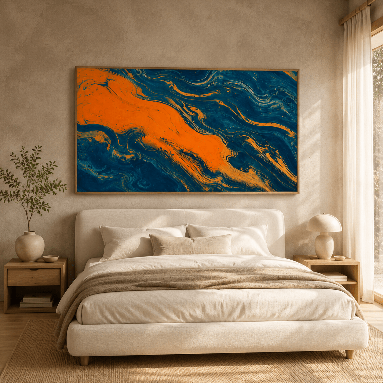 Blue and orange wall art in an oak floater frame above a bed – Azure Ember by Rossetti Art