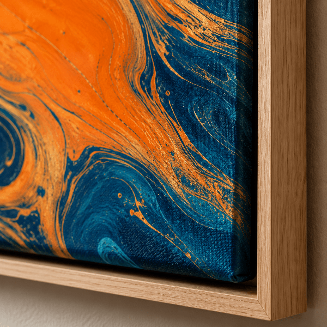 Close-up of the oak hardwood floater frame on Azure Ember blue and orange wall art – Rossetti Art