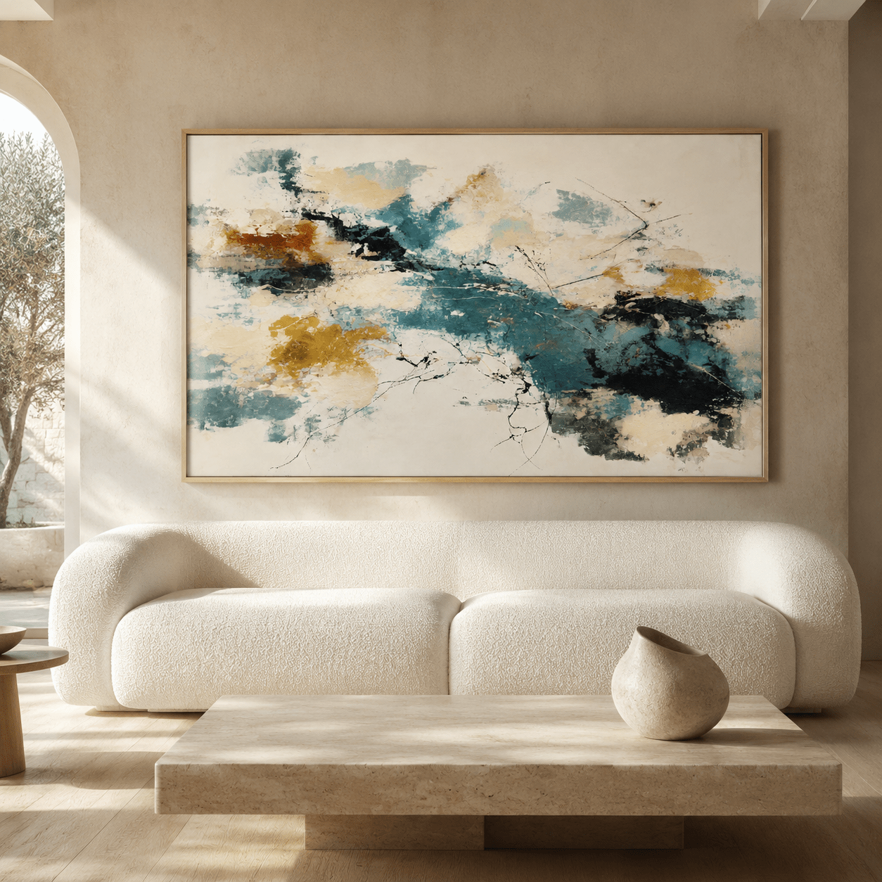 Blue and gold wall art canvas print above a living room sofa – Harbor Reverie by Rossetti Art