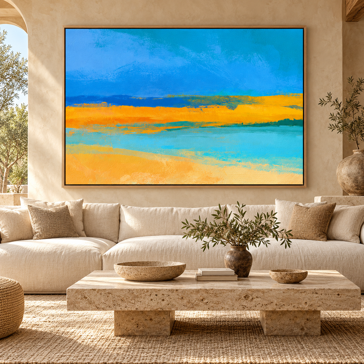 Blue and yellow wall art Azure Estuary above a cream sofa in a living room – Rossetti Art