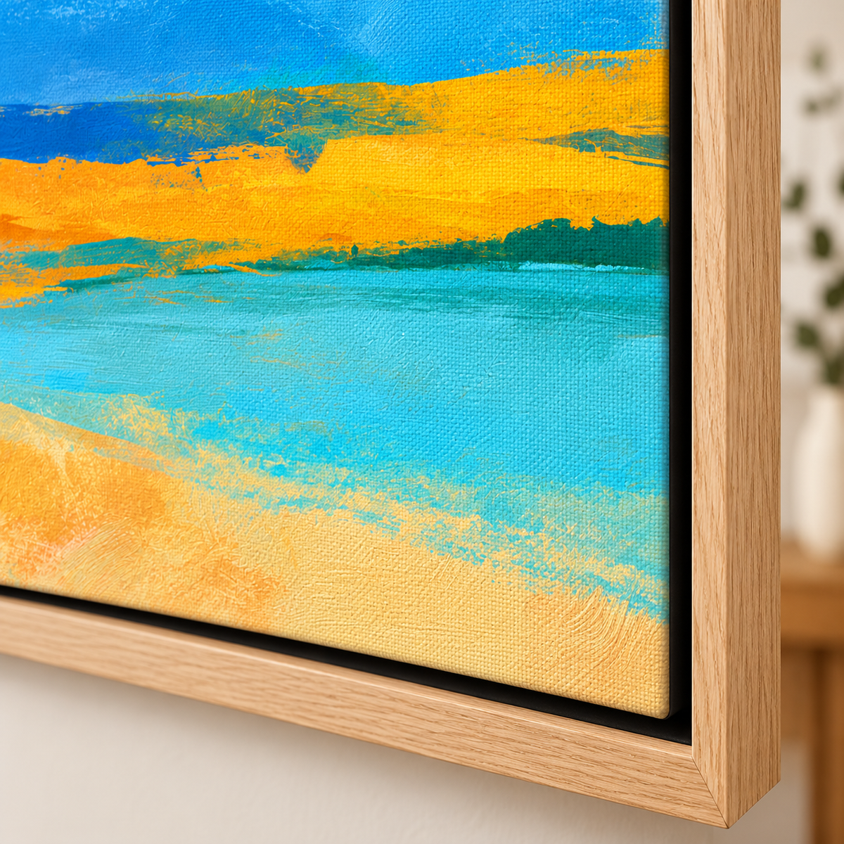 Corner detail of the Azure Estuary blue and yellow canvas print showing the painted texture – Rossetti Art