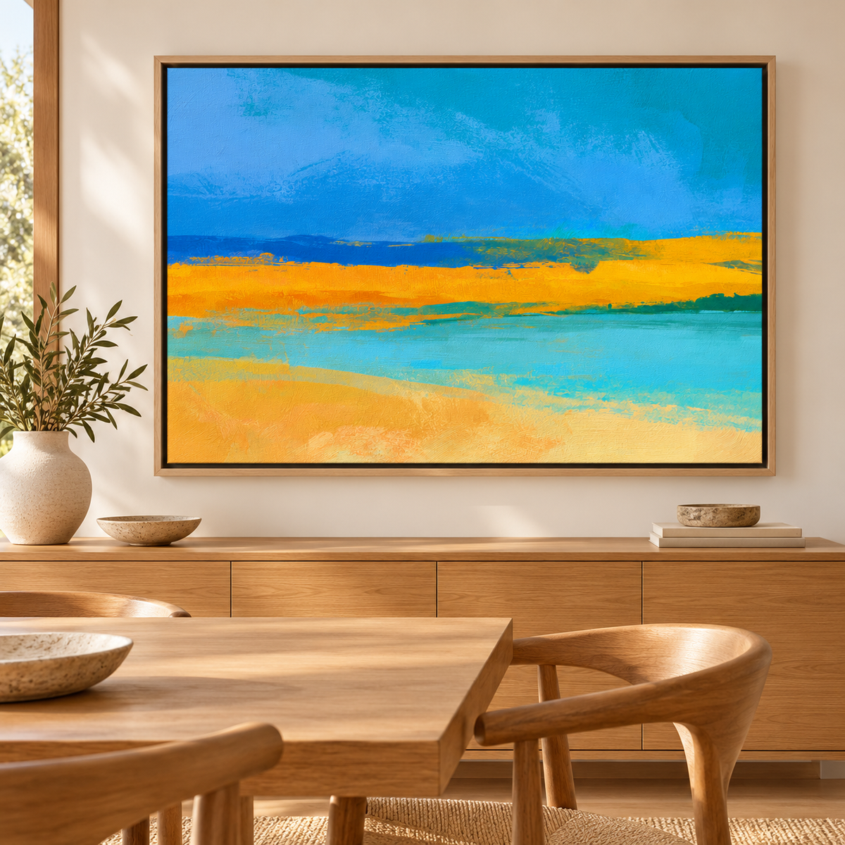 Blue and yellow wall art Azure Estuary above a sideboard in a dining room – Rossetti Art