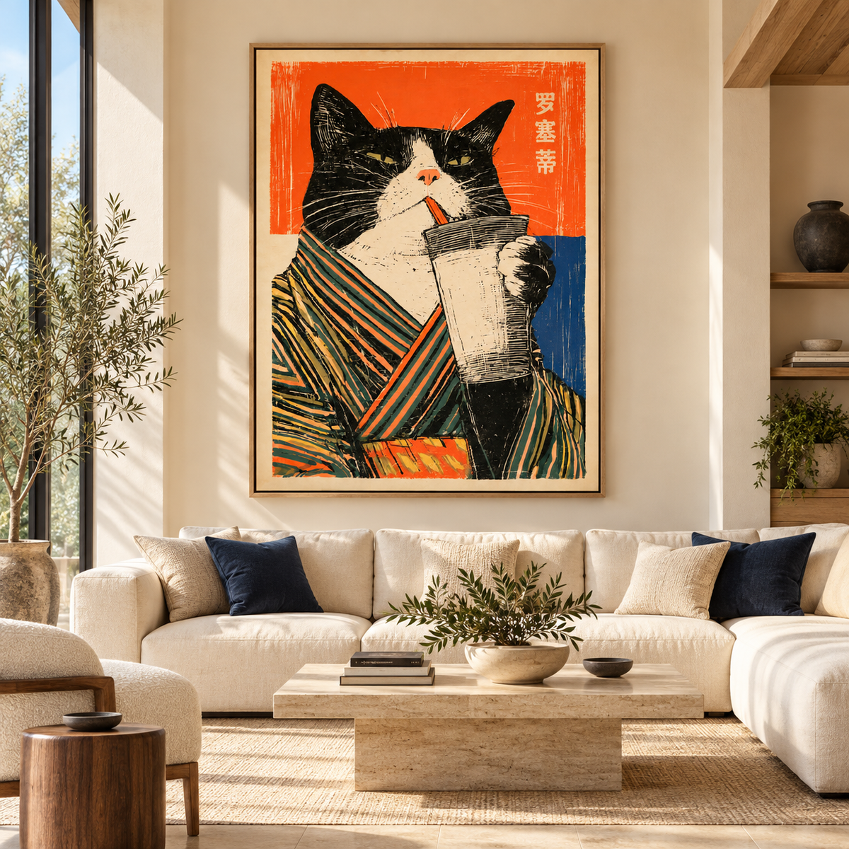 Boba Cat Canvas Print – Sunday Sip in an oak floater frame above a sofa by Rossetti Art