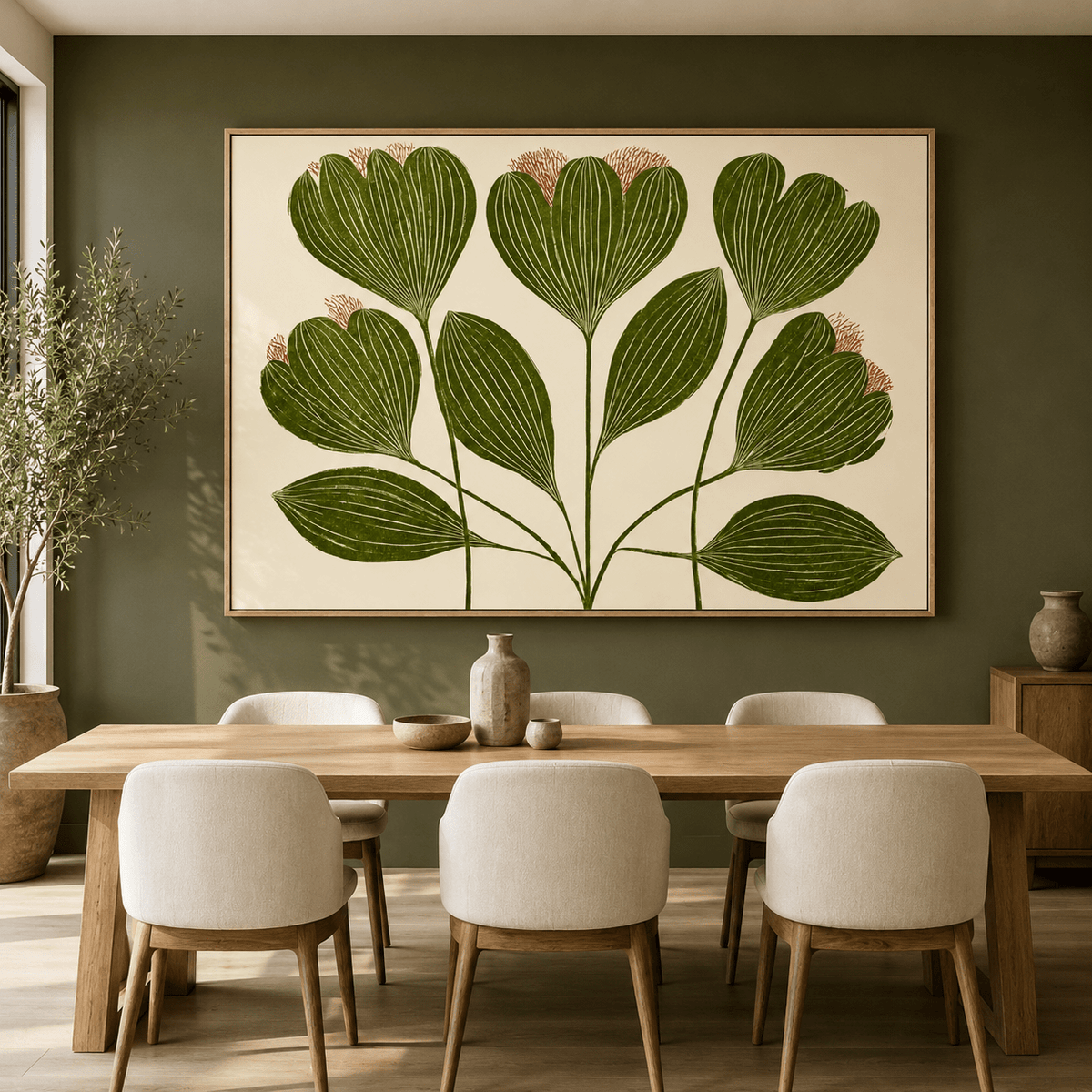 Close-up of olive-green botanical leaves with fine cream veins and rust-orange accents