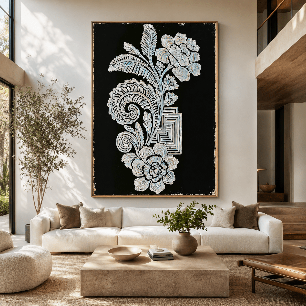 Black and white botanical wall art canvas print displayed above a sofa in a living room
