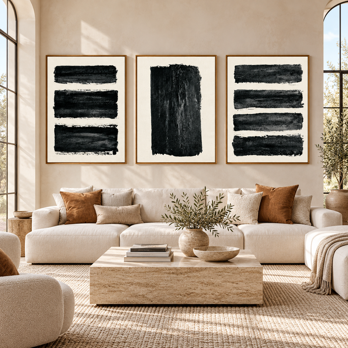 Brush Stroke Wall Art Set of 3 – Ink Strata above a cream sectional sofa in a living room by Rossetti Art