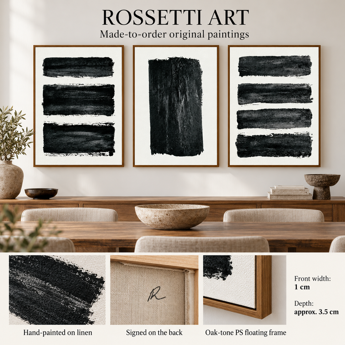 Brush Stroke Wall Art Set of 3 – Ink Strata original paintings, hand-painted on linen with signed back and floating frame details by Rossetti Art