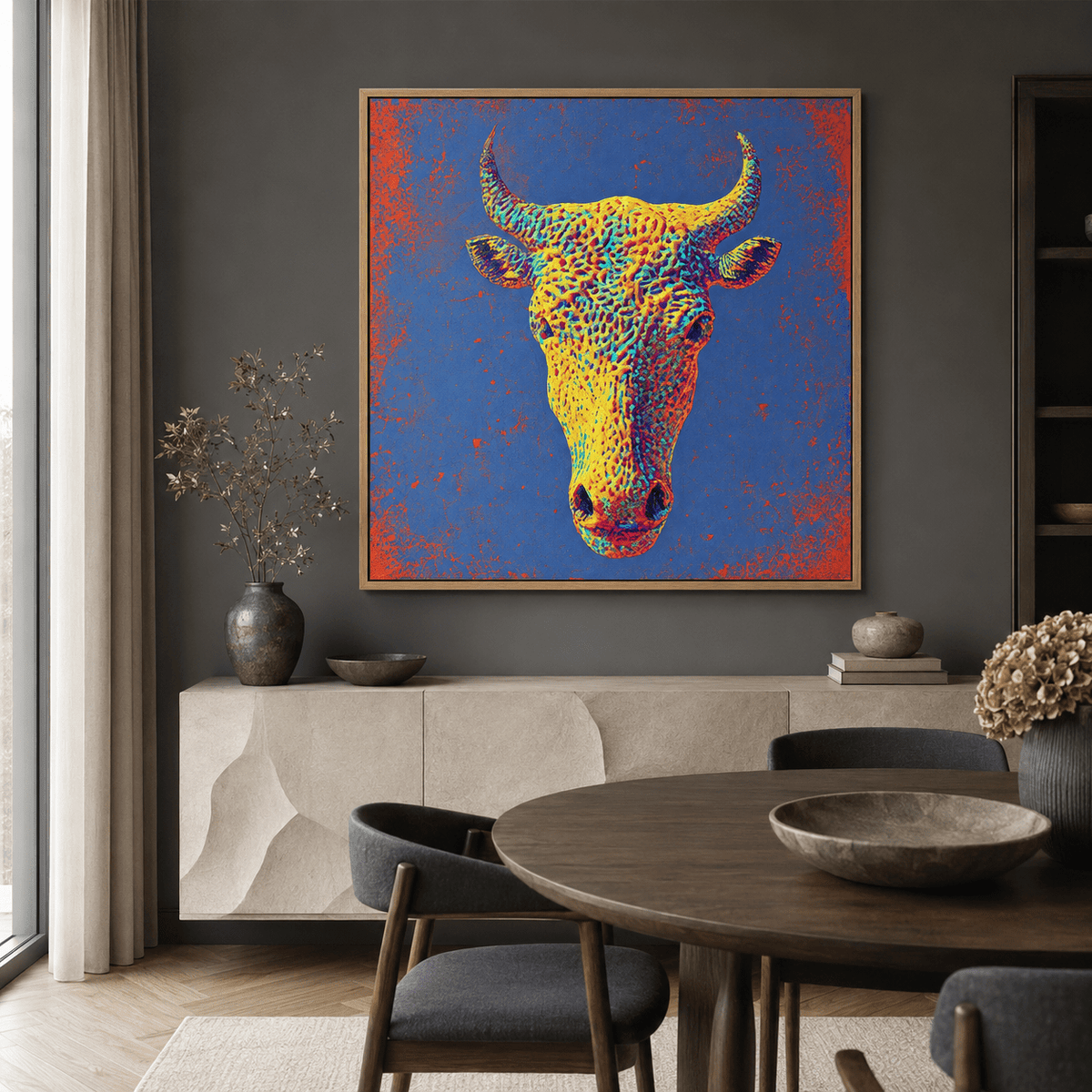 Bull wall art canvas print above a dining room sideboard – Solar Charge by Rossetti Art