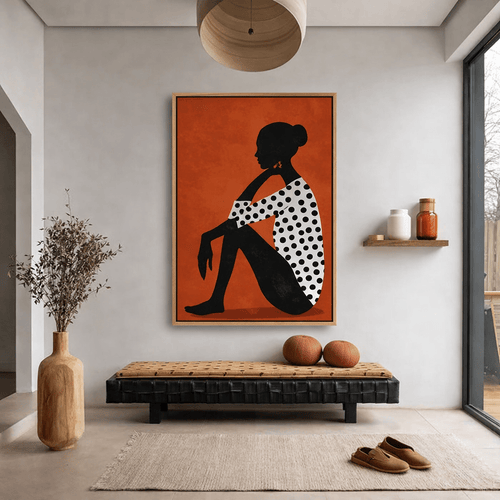 Burnt Orange Minimalist Silhouette Canvas Print | Modern Figurative Wall Art with Polka Dot Dress | Rossetti Art