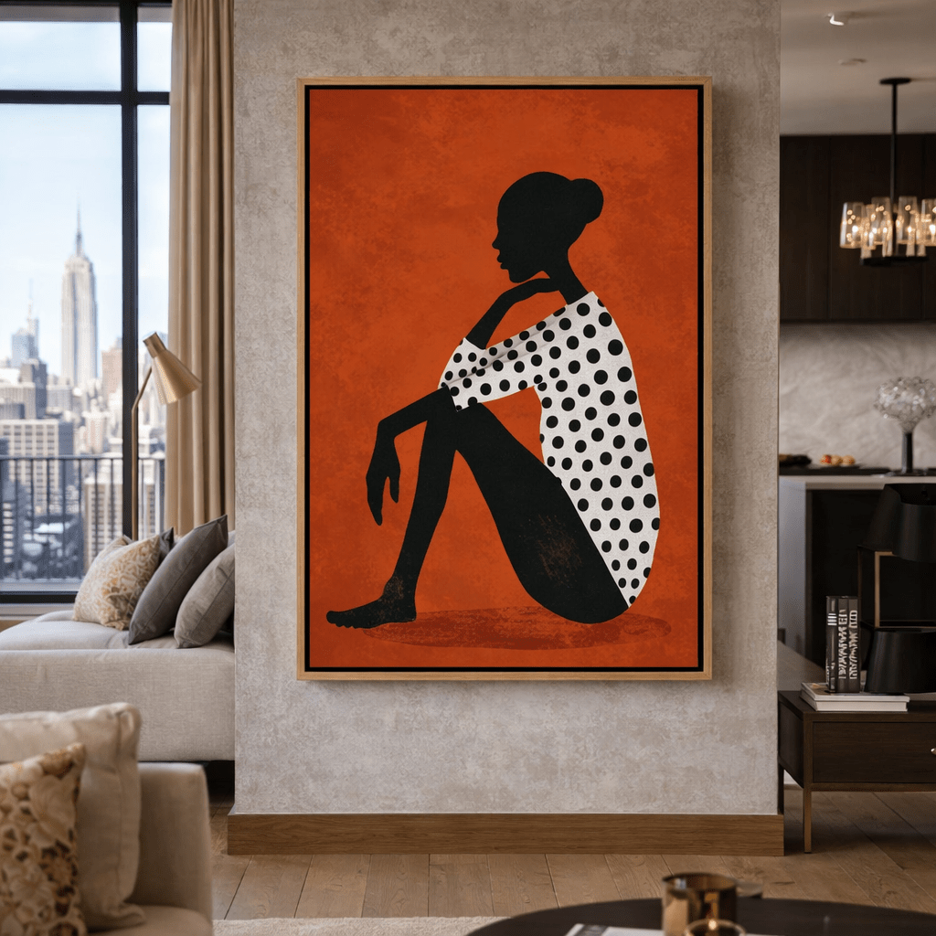 Burnt Orange Minimalist Silhouette Canvas Print | Modern Figurative Wall Art with Polka Dot Dress modern abstract canvas wall art by Rossetti Art – luxury interior design artwork for living room, bedroom, office – figurative modern abstract modern abstract artwork