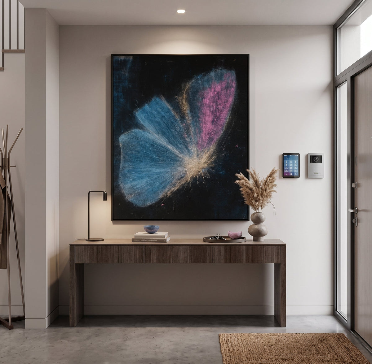 Butterfly wall art canvas print Stardust Wings framed above a console table