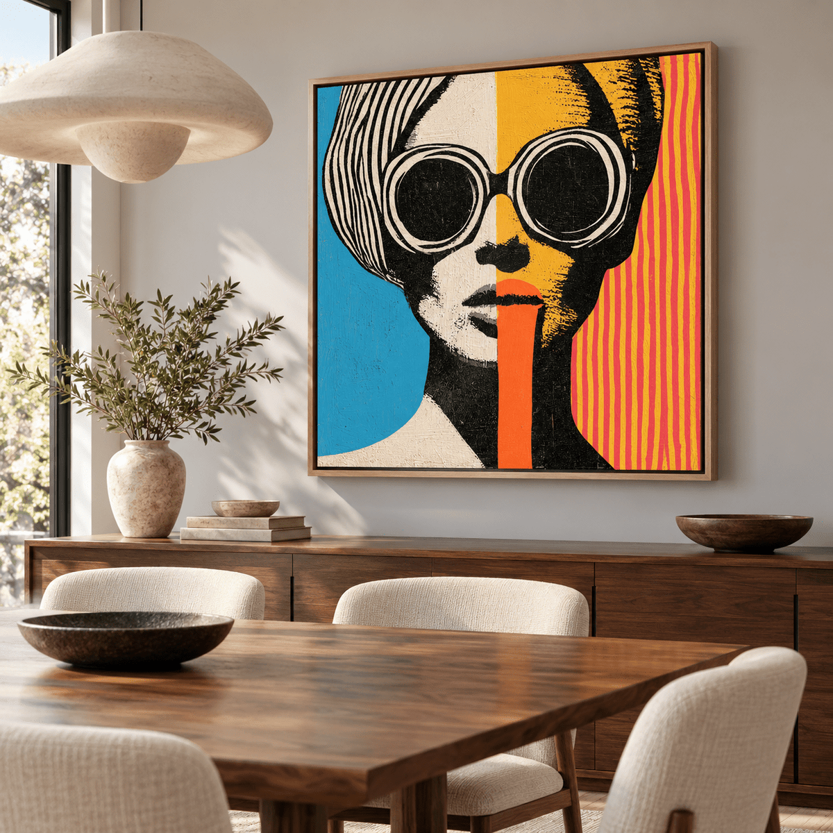 1960s Wall Art Canvas Print – Split Shades by Rossetti Art, colourful pop portrait with round sunglasses in a dining room
