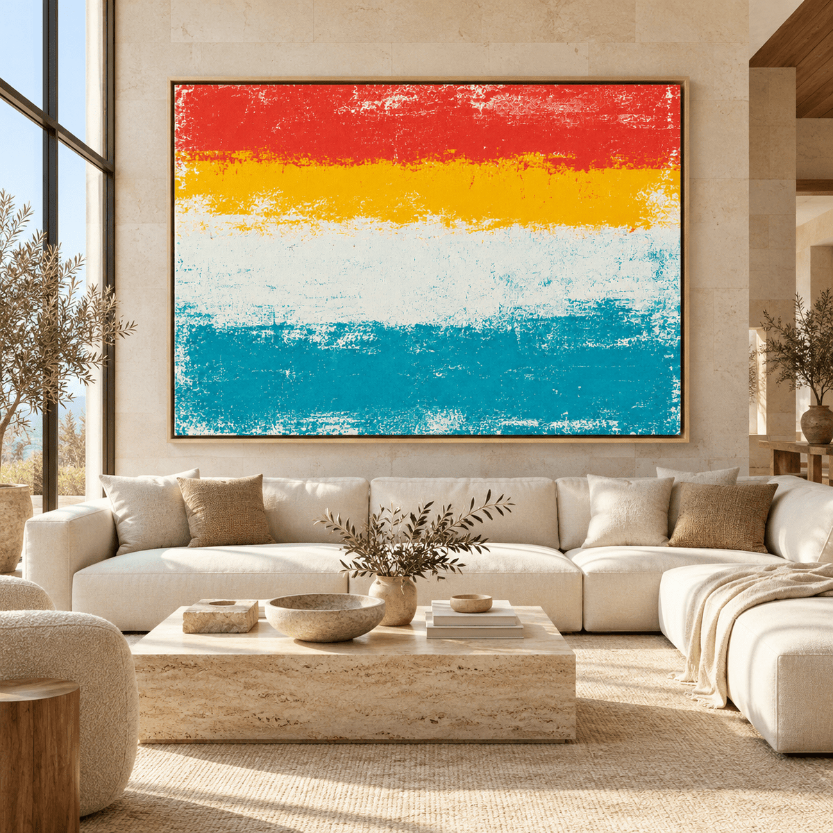 70s Wall Art – Sunset Stripe by Rossetti Art – large red, yellow and teal striped canvas above a cream sofa in a bright living room