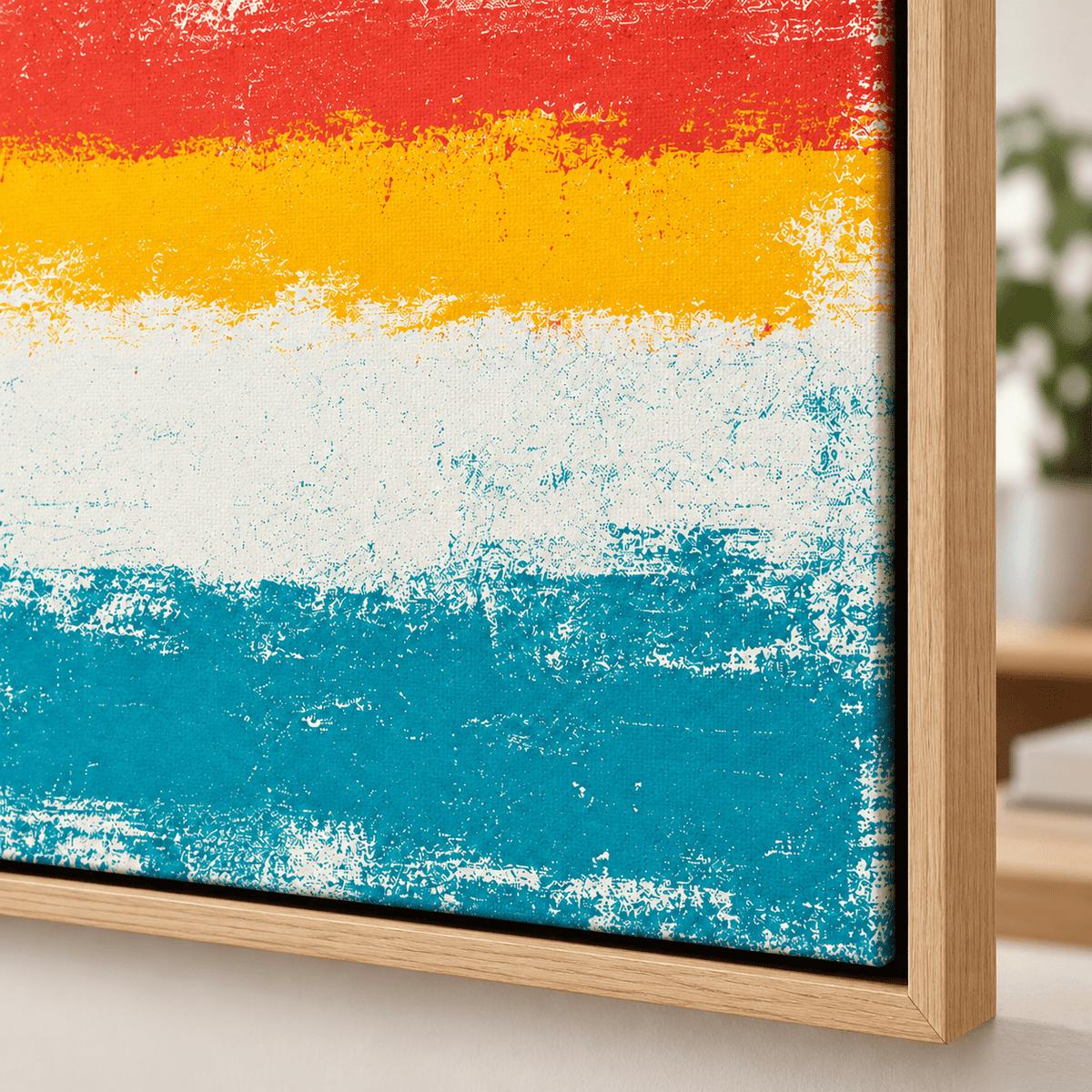 70s Wall Art – Sunset Stripe by Rossetti Art – close-up of the grainy distressed colour bands and floater frame corner