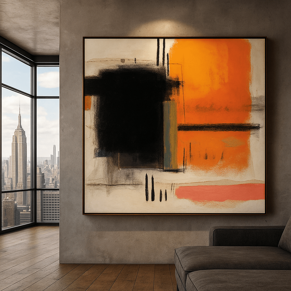Canvas Print: Abstract Canvas Print in Orange and Black – Modern Expressionist Wall Art for Luxury Interiors | Rossetti Art modern abstract canvas wall art by Rossetti Art – luxury interior design artwork for living room, bedroom, office – abstract wall art contemporary wall design extra large canvas wall art for living room